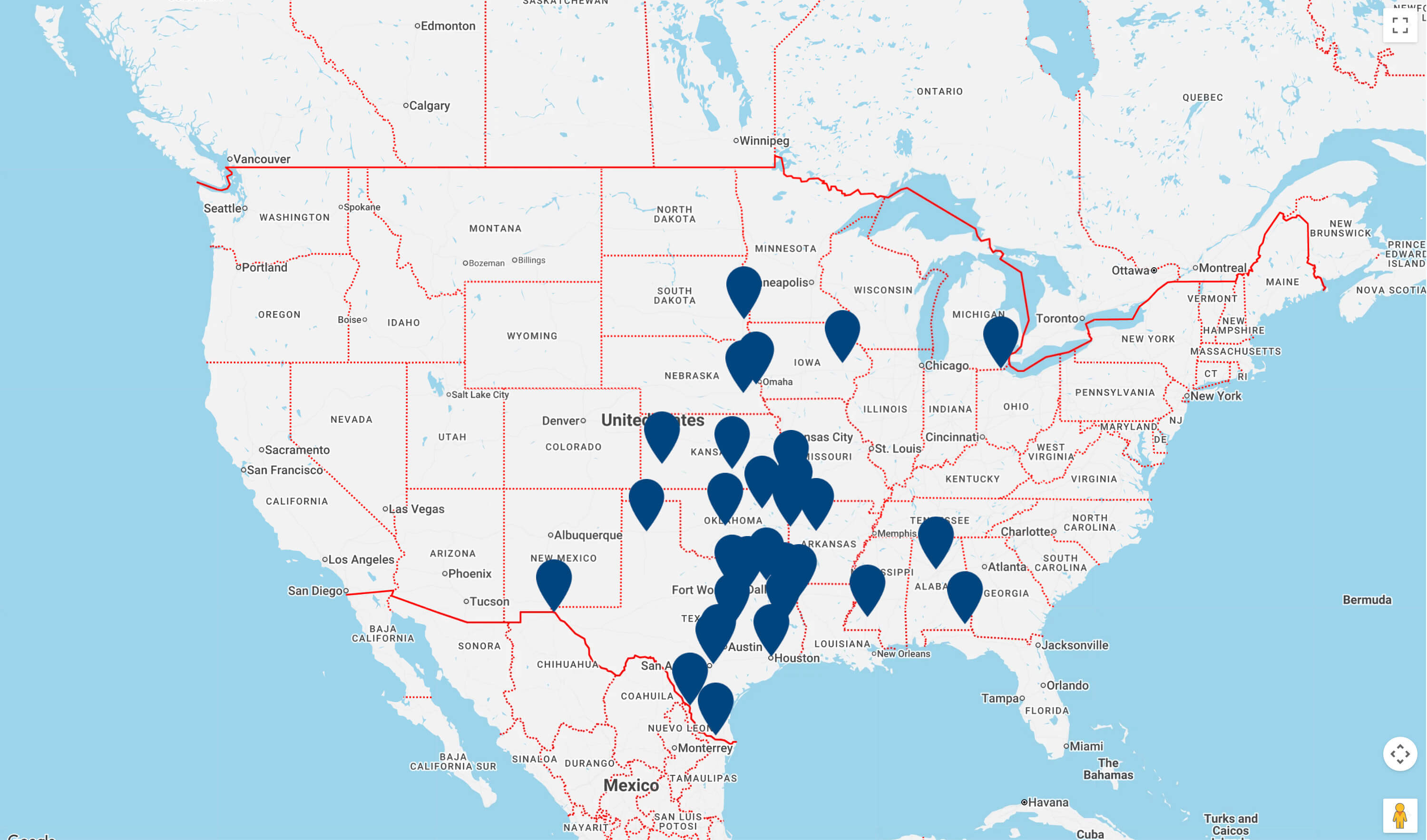 Map of KT Pacer service center locations across the United States